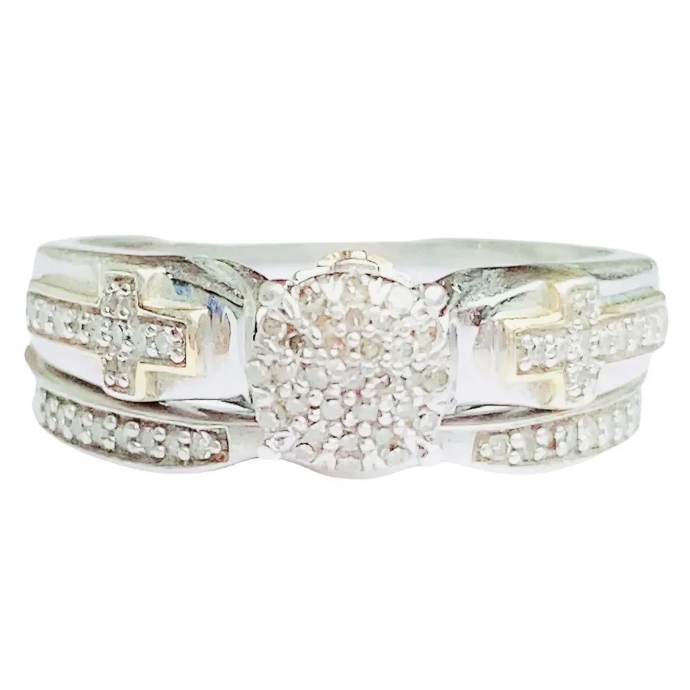 Bridal Set Wedding Engagement Cross Round Diamond Ring Sz 6.75